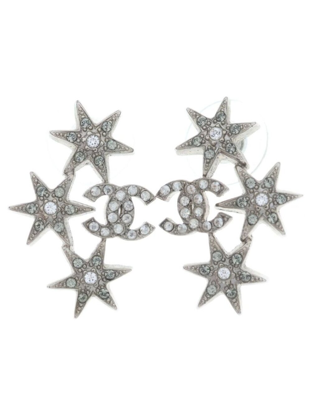 Chanel CC Logo Star Rhinestone Earrings Silver Metal